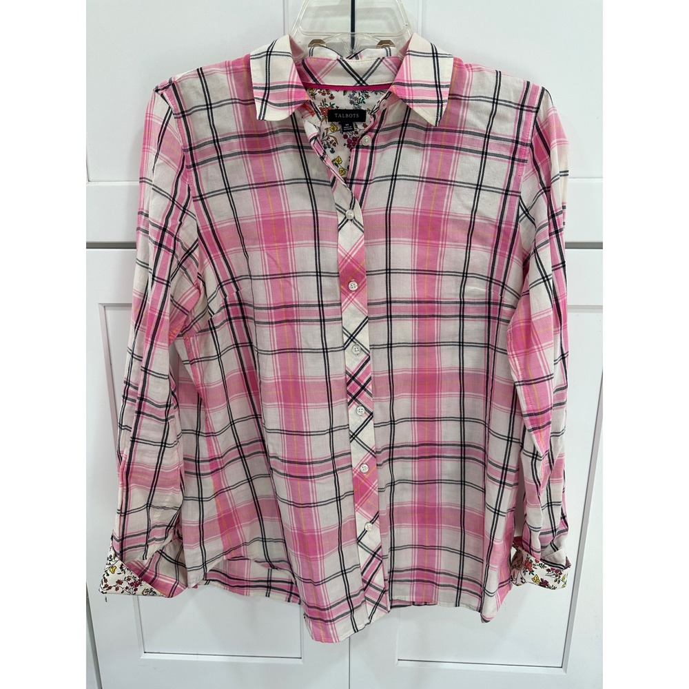 Talbots Pink Plaid Button-Front Shirt with Floral Cuff